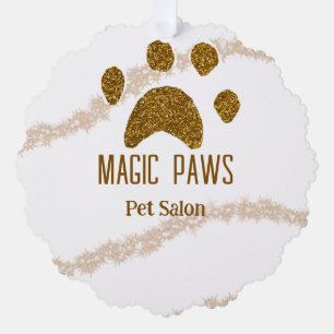 Golden glitter paws pet salon add name email websi tree decoration card