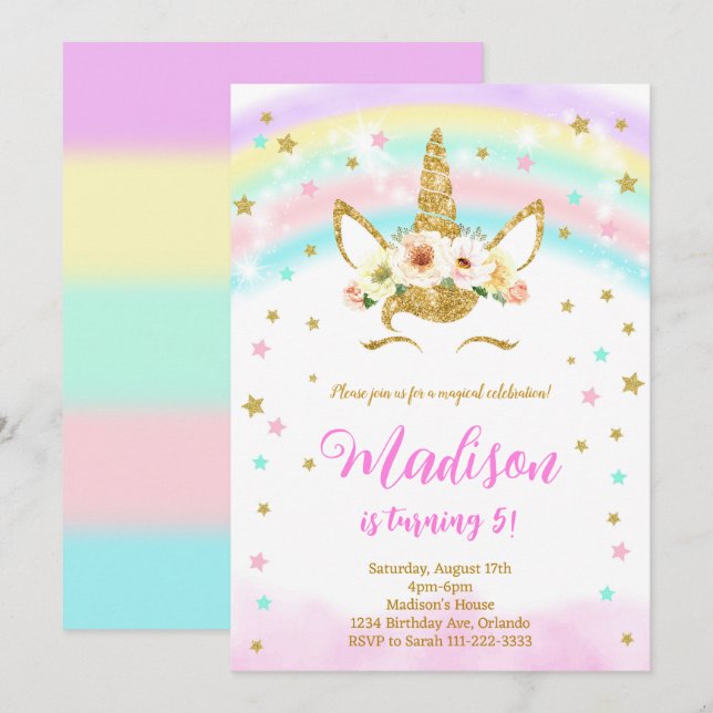 Golden Glitter Rainbow Unicorn Birthday Invitation (Front/Back)