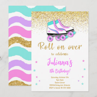 Golden Glitter Roller Skate Birthday Invitation