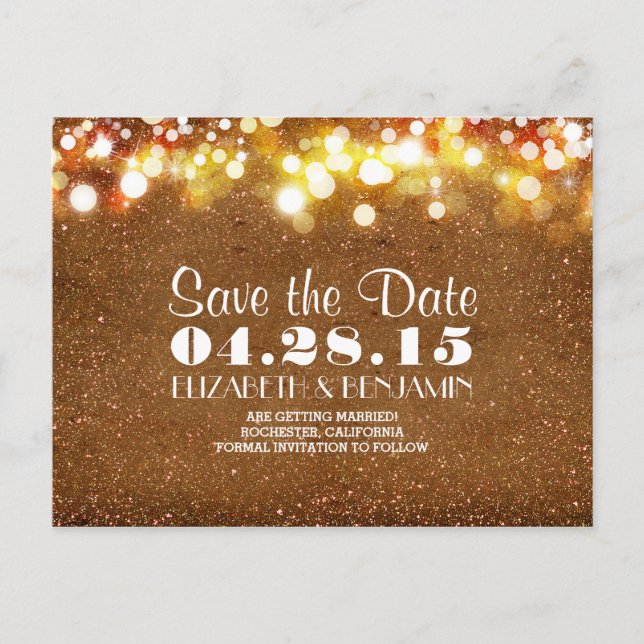 golden glitter string of lights save the date announcement postcard (Front)