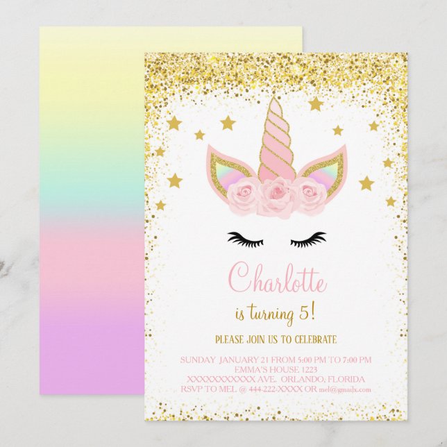 Golden Glitter Unicorn Birthday Invite (Front/Back)