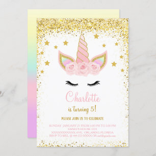 Golden Glitter Unicorn Birthday Invite