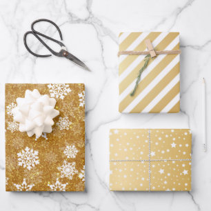 Golden Glitter White Snowflakes Stripes Stars Wrapping Paper Sheet