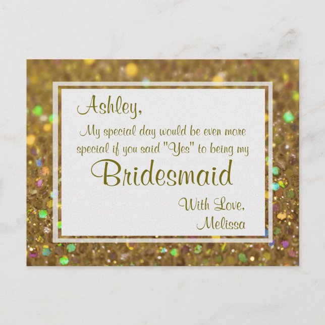 Golden Glitter - Will You Be My Bridesmaid? Invitation Postcard (Front)