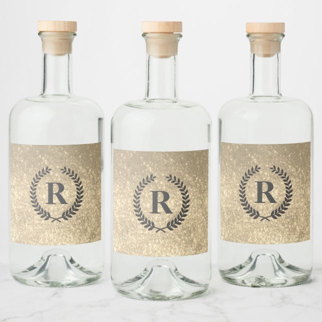 Golden Glitter With Monogram Liquor Bottle Label (Bottles)