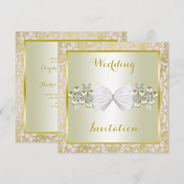Golden Glitters, Diamond Floral Gems & Bow Wedding Invitation (Front/Back)