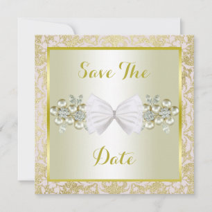 Golden Glitters, Diamond Floral Gems & Bow Wedding Save The Date