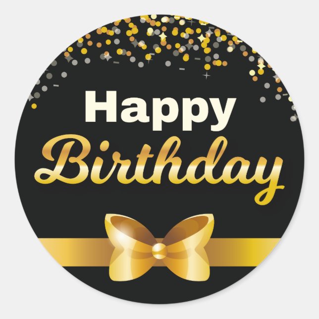 Golden glitters Happy Birthday black background Classic Round Sticker (Front)