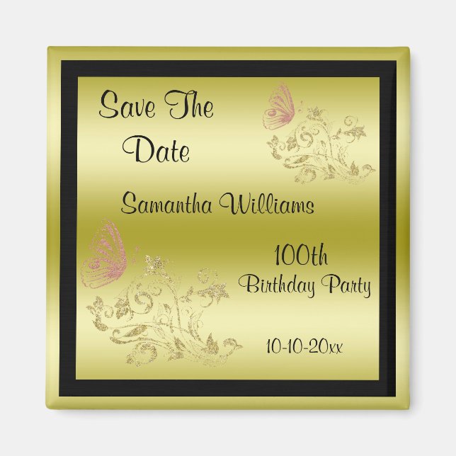 Golden Glitters & Sparkly Butterfly 100th Birthday Magnet (Front)