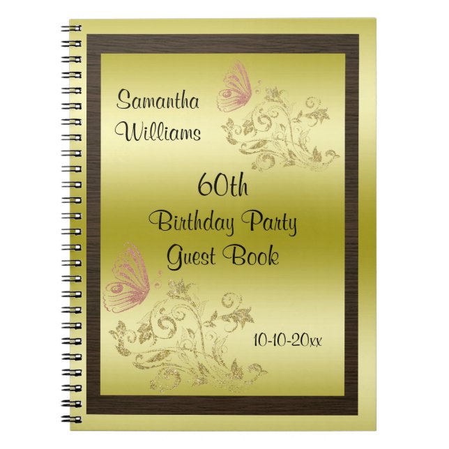 Golden Glitters & Sparkly Butterfly 60th Birthday Notebook (Front)