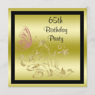 Golden Glitters & Sparkly Butterfly 65th Birthday Invitation