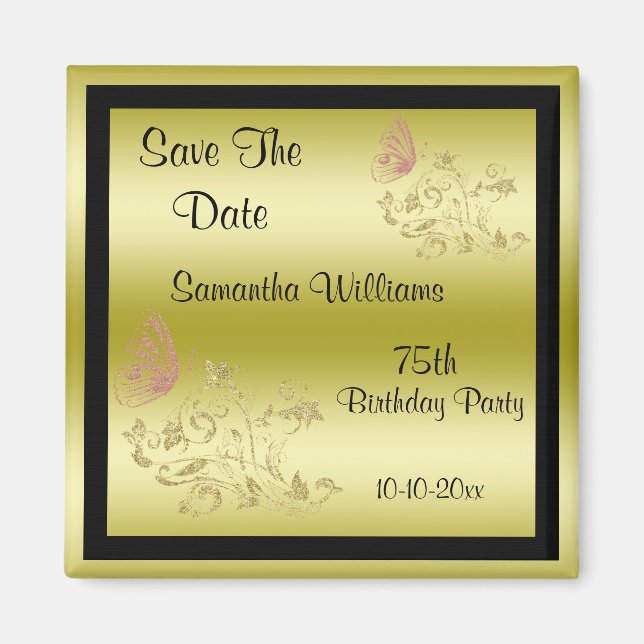 Golden Glitters & Sparkly Butterfly 75th Birthday Magnet (Front)