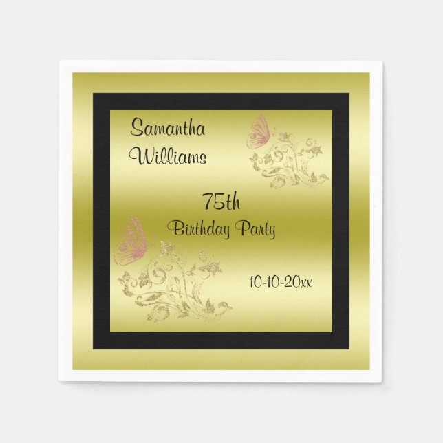 Golden Glitters & Sparkly Butterfly 75th Birthday Napkin (Front)