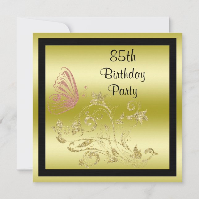 Golden Glitters & Sparkly Butterfly 85th Birthday Invitation (Front)