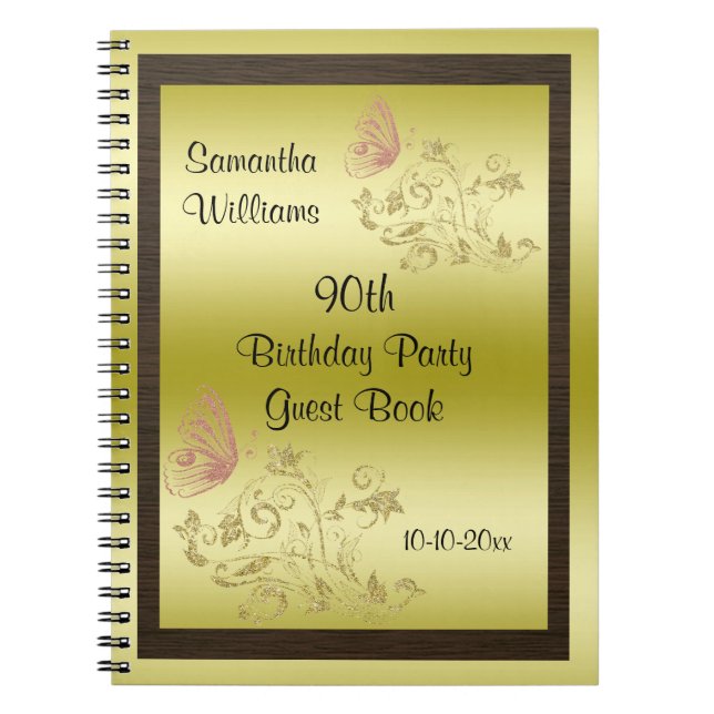 Golden Glitters & Sparkly Butterfly 90th Birthday Notebook (Front)
