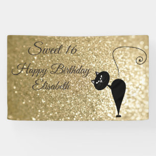 Golden glittery funny whimsical cat sweet 16 party banner