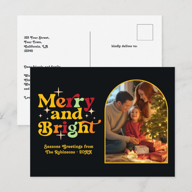 Golden Glow Merry and Bright Retro Christmas Holiday Postcard (Front/Back)
