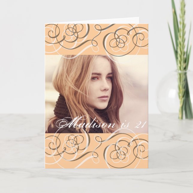 Golden Glow Swirls 21st Birthday Party Photo Card (Front)