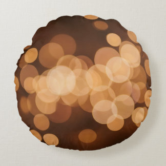 Golden Glowing Abstract Bokeh Lights Round Cushion