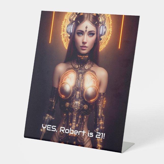 Golden Goddess Cyborg Pedestal Sign (Front)