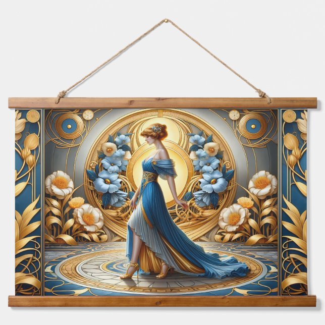 Golden Goddess in Art Nouveau Bloom Hanging Tapestry (Front)