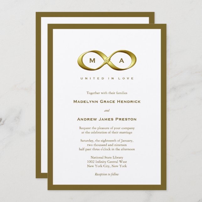 Golden Gold Infinity Hand Clasp Monogram Wedding Invitation (Front/Back)