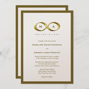 Golden Gold Infinity Hand Clasp Monogram Wedding Invitation