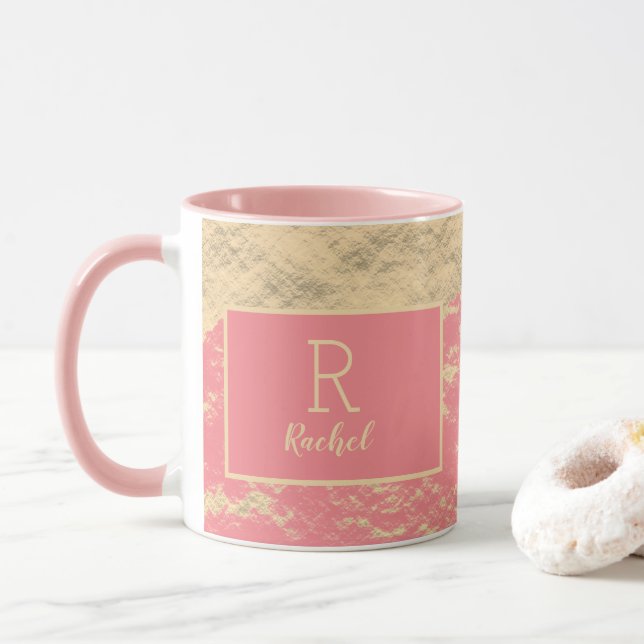 Golden Gold Pink Foil Monogram Initials Classy Mug (With Donut)