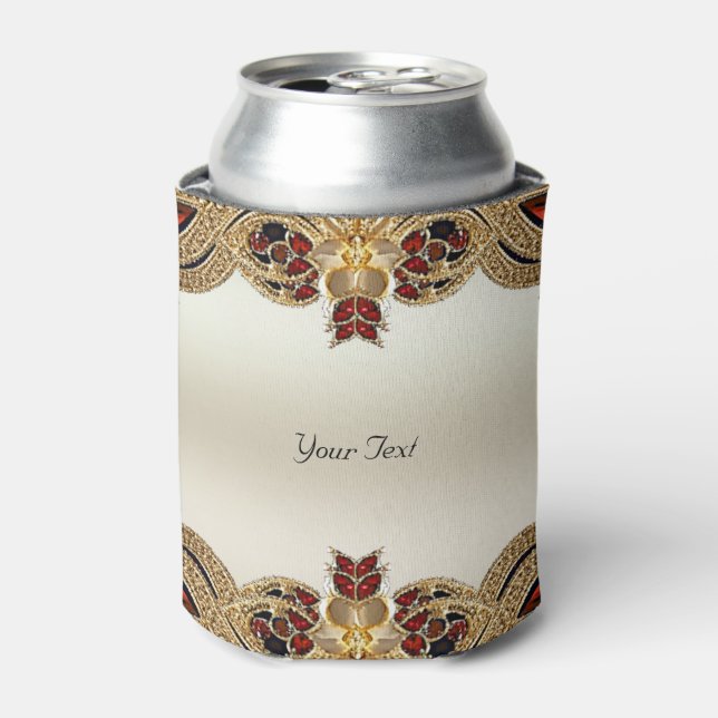 Golden Golden Flowers Red Gemstone Can Cooler (Can Front)