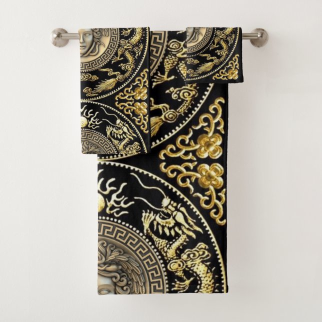 Golden Gorgon Medusa Hollywood Regency  Bath Towel Set (Insitu)