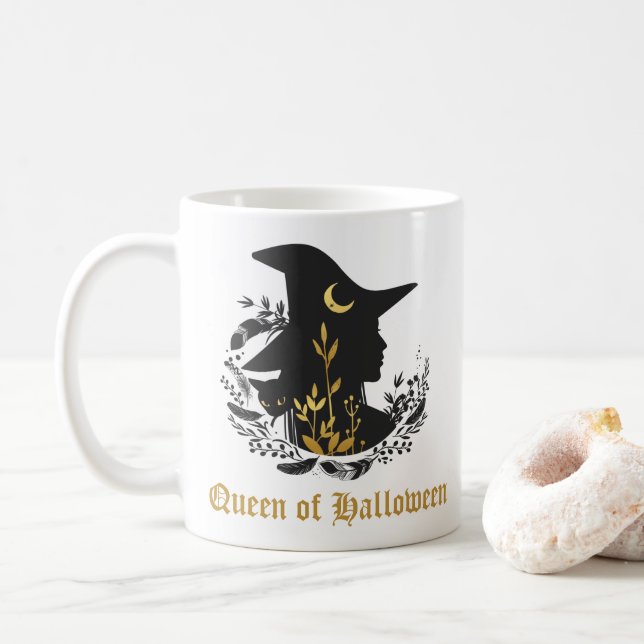Golden Gothic Queen of Halloween Witch Cat Mug (With Donut)