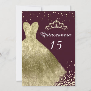 Golden Gown Burgundy Back Quinceanera Party 15th Invitation