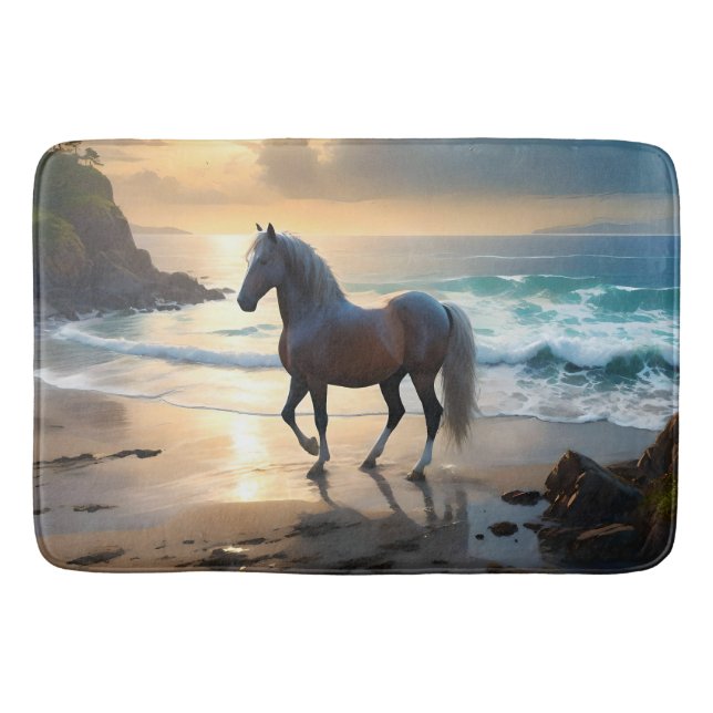Golden Grace: A Palomino Horse on the Sunset Shore Bath Mat (Front)
