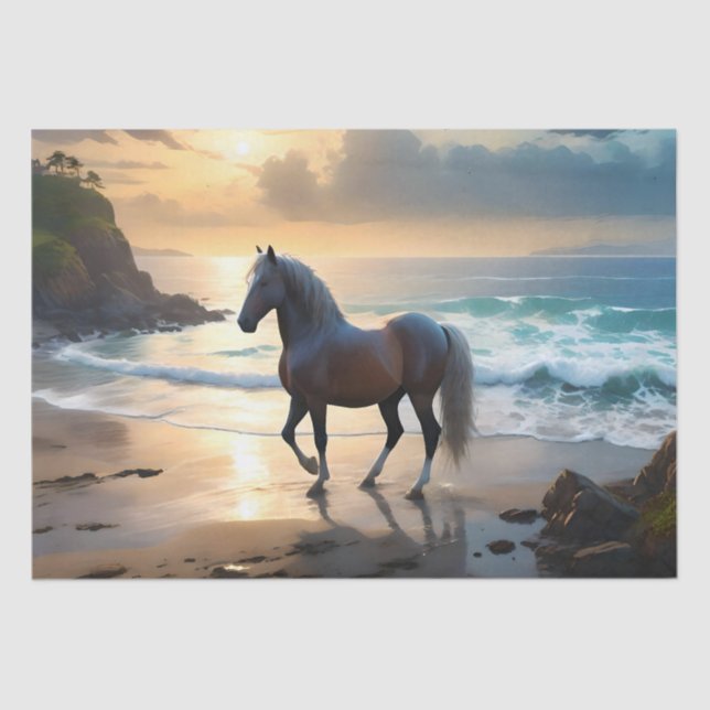 Golden Grace: A Palomino Horse on the Sunset Shore Tissue Paper (Front)