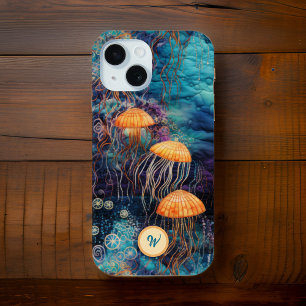 Golden GracefJellyfish in Ocean w Monogram Initial iPhone 15 Case