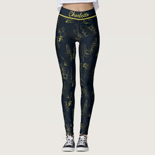 Golden gradient floral pattern personalised name  leggings (Front)