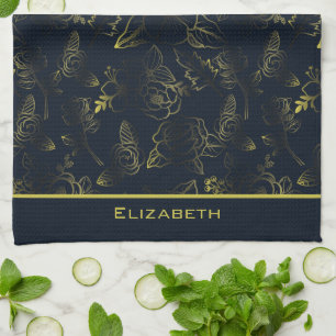 Golden gradient floral pattern personalised name tea towel