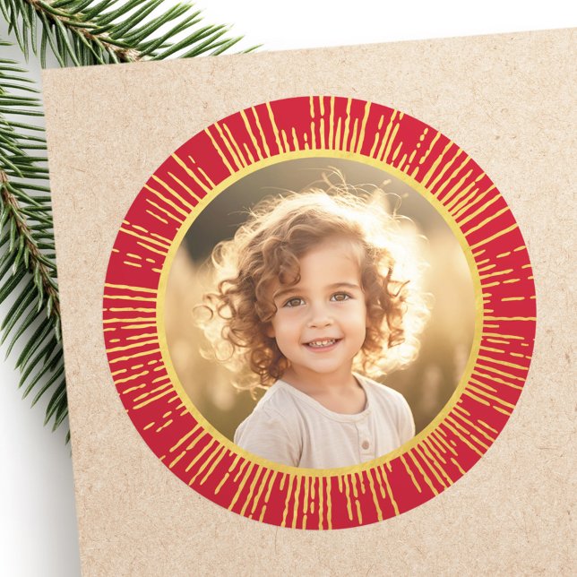 Golden gradient sunburst photo Christmas red Classic Round Sticker (Golden gradient sunburst photo Christmas red Classic Round Sticker)