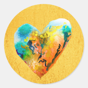 Golden graffiti heart watercolor art classic round sticker