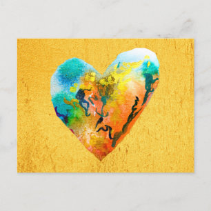 Golden graffiti heart watercolor art postcard