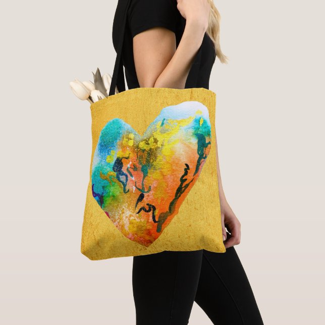 Golden graffiti heart watercolor art tote bag (Close Up)