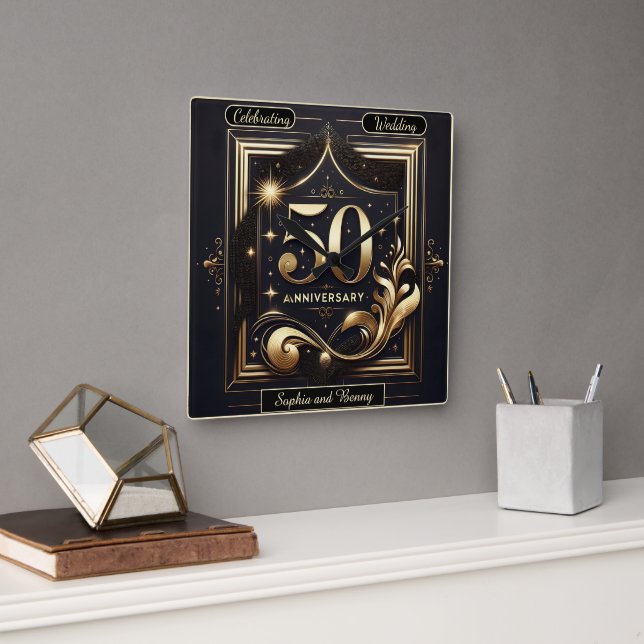 Golden Grandeur: 50-Year Celebration Square Wall Clock (Office)