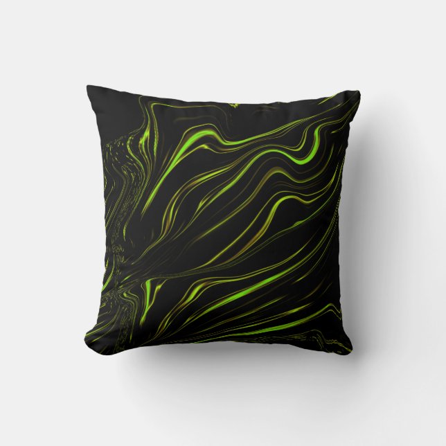 Golden grass, wavy green long traces on black fund cushion (Front)