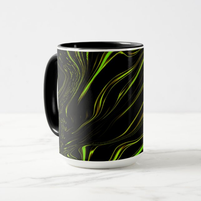 Golden grass, wavy green long traces on black fund mug (Front Left)