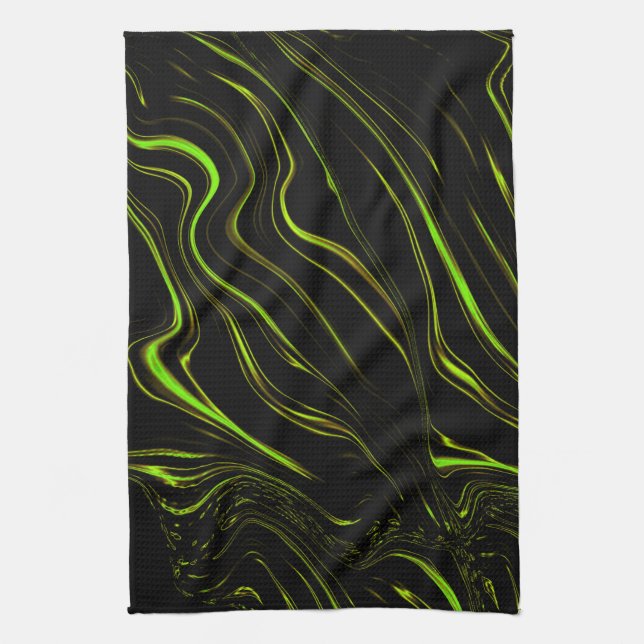 Golden grass, wavy green long traces on black fund tea towel (Vertical)