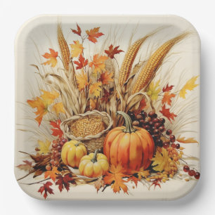 Golden Gratitude Medley: Foliage and Florals Paper Plate
