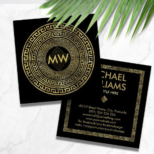 Golden Greek Key Monogram - Round frame Square Business Card