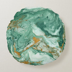 Golden-green acrylic: marble texture art. round cushion