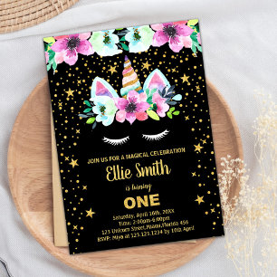 Golden Green Black Unicorn Birthday Invitations