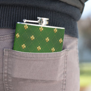Golden Green Clover Pattern Hip Flask